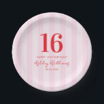 Elegant Pink Red Modern 16th Birthday Paper Plate<br><div class="desc">Create your own personalised 16th birthday party plates featuring modern typography and striped pink pattern background</div>