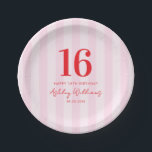 Elegant Pink Red Modern 16th Birthday Paper Plate<br><div class="desc">Create your own personalised 16th birthday party plates featuring modern typography and striped pink pattern background</div>