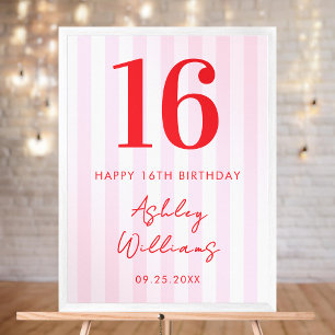 Elegant Pink Red Modern 16th Birthday Sign Poster