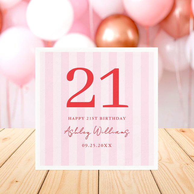 Elegant Pink Red Modern 21st Birthday Napkin (Creator Uploaded)