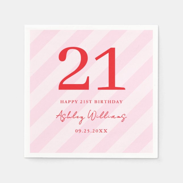 Elegant Pink Red Modern 21st Birthday Napkin (Front)