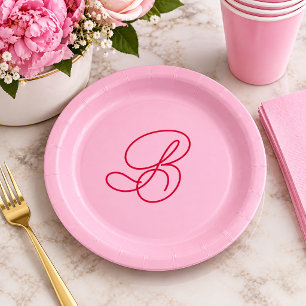 Elegant Pink & Red Monogram Script Name Paper Plate