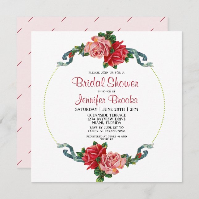 Elegant Pink & Red Rose Floral Bridal Shower Invitation (Front/Back)