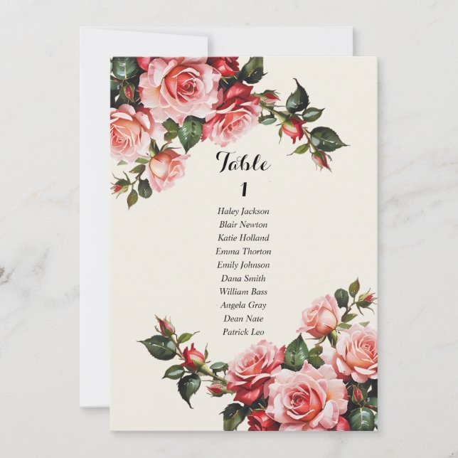 Elegant pink red roses wedding seating chart card (Front)
