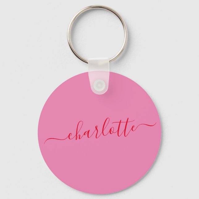 Elegant Pink Red Script Modern Name Personalised Key Ring (Front)