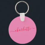 Elegant Pink Red Script Modern Name Personalized Key Ring<br><div class="desc">This personalized round keychain features a custom name in red elegant script on a pink background, creating a simple yet stylish everyday accessory. Customize with a name to make a thoughtful gift for bridesmaids, bachelorette party favors, or bridal shower thank you gifts. Lightweight and easy to carry, it’s a practical...</div>