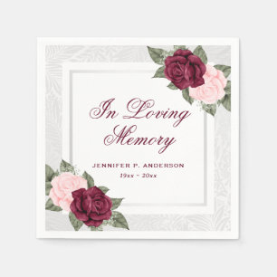 Elegant Pink Red Silver Floral Memorial Funeral Napkin