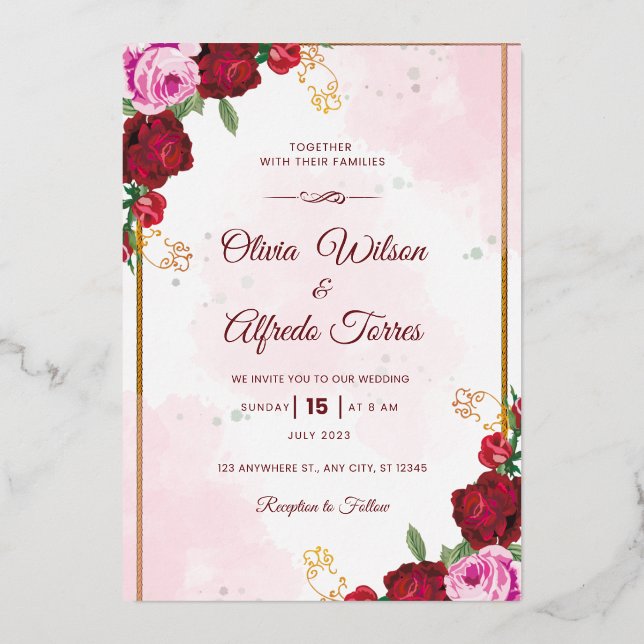 Elegant Pink & Red Wedding Announcement (Front)