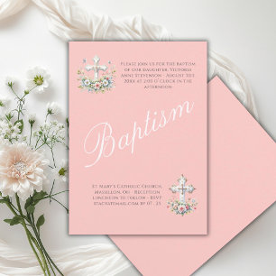 Elegant Pink Religious Baby Girl Baptism Invitation