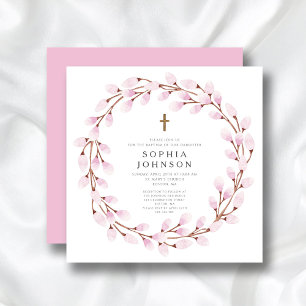 Elegant Pink Religious Cross Baptism Invitation