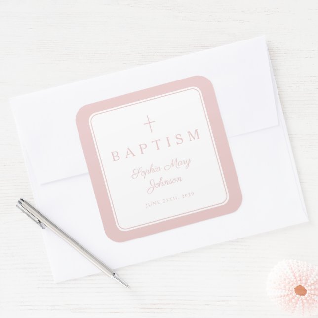 Elegant Pink Religious Cross Boy Baptism  Square Sticker (Envelope)