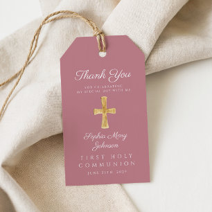 Elegant Pink Religious Cross First Communion Gift Tags