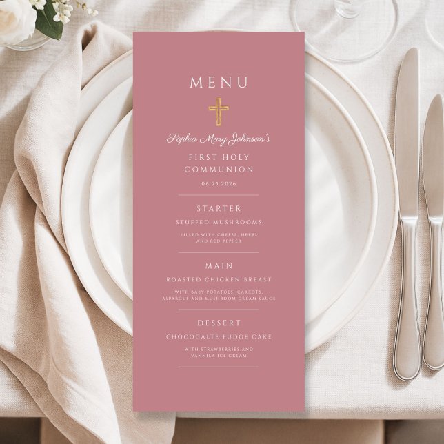 Elegant Pink Religious Cross First Communion Menu (Elegant Pink Religious Cross First Communion Menu)