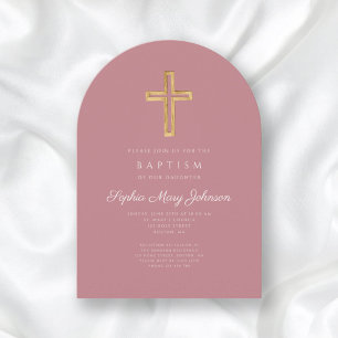 Elegant Pink Religious Cross Girl Baptism Arch Invitation
