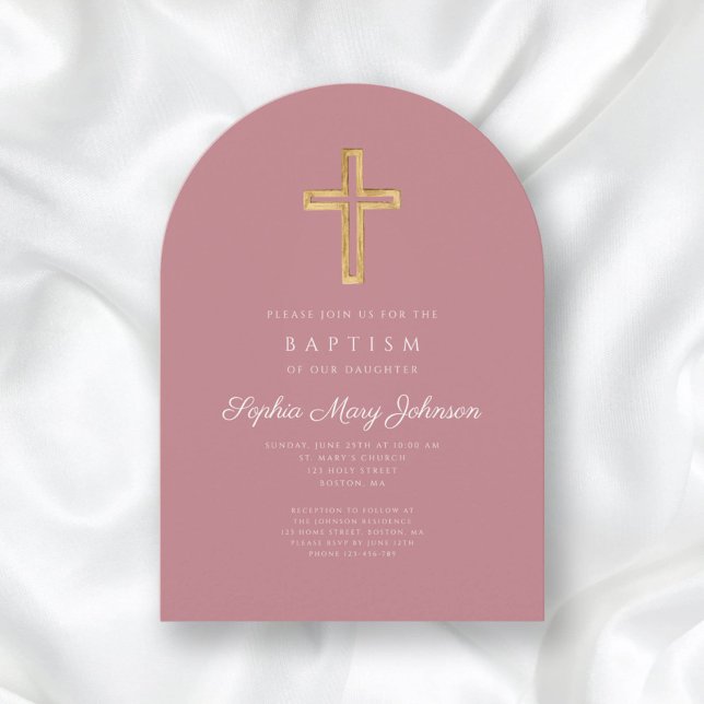 Elegant Pink Religious Cross Girl Baptism Arch Invitation (Elegant Pink Religious Cross Girl Baptism Arch Invitation)