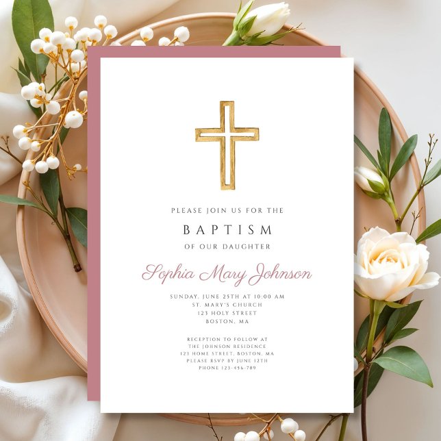 Elegant Pink Religious Cross Girl Baptism Invitation (Religious Cross Dusty Rose Pink Girl Baptism Invitation)