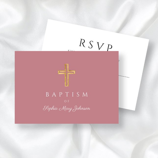 Elegant Pink Religious Cross Girl Baptism  RSVP Card (Dusty Pink Religious Wood Cross Girl Baptism RSVP Card)
