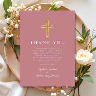 Elegant Pink Religious Cross Girl Baptism Thank You Card