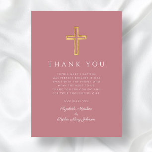 Elegant Pink Religious Cross Girl Baptism Thank You Card