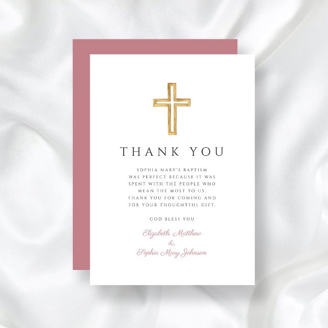 Elegant Pink Religious Cross Girl Baptism  Thank You Card (Elegant Dusty Pink Cross Girl Baptism Thank You Card)