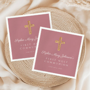 Elegant Pink Religious Cross Girl First Communion Napkin