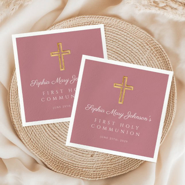 Elegant Pink Religious Cross Girl First Communion Napkin (Elegant Pink Religious Cross Girl First Communion Napkins)