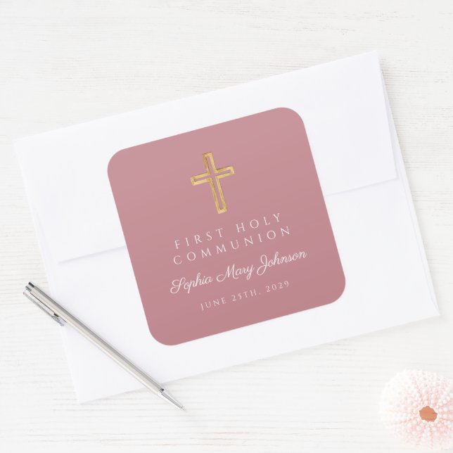 Elegant Pink Religious Cross Girl First Communion  Square Sticker (Envelope)