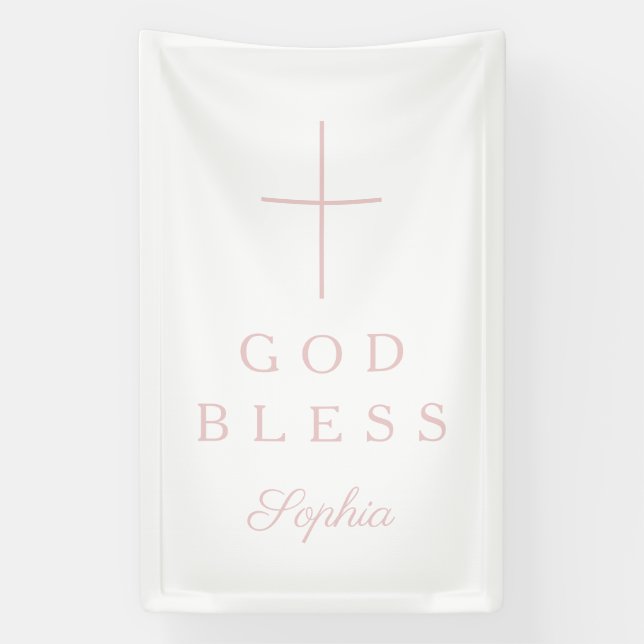Elegant Pink Religious Cross Girl God Bless Banner (Vertical)