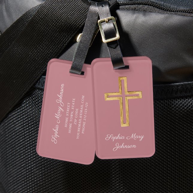 Elegant Pink Religious Cross Luggage Tag (Elegant Religious Cross Dusty Pink Script Luggage Tag)