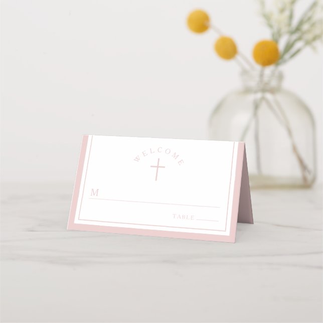 Elegant Pink Religious Girl Baptism Place Card (Front)