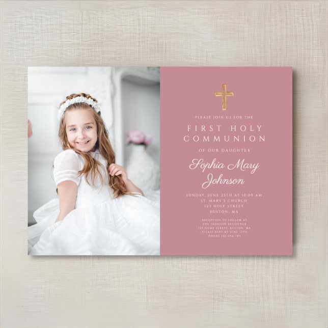 Elegant Pink Religious Girl Photo First Communion Invitation (Pink Religious Cross Girl First Communion Photo Invitation)
