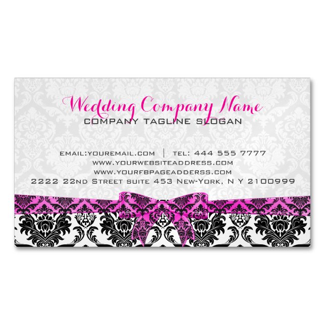 Elegant Pink Ribbon Black & White Damasks Magnetic Business Card (Front)