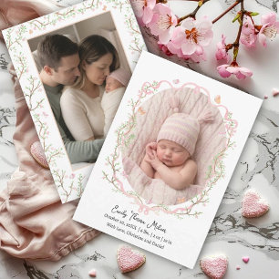 Elegant Pink Ribbon Blossom Birth Announcement