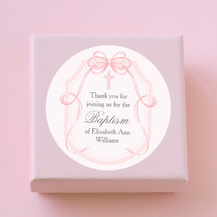 Elegant Pink Ribbon Bow Baptism Party Classic Round Sticker