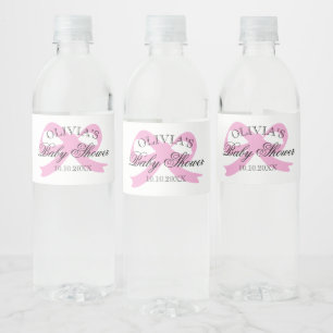 Elegant pink ribbon bow custom baby shower water bottle label