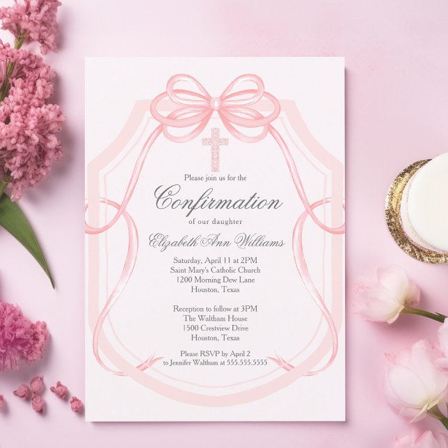Elegant Pink Ribbon Bow Girl's Confirmation Invitation (Creator Uploaded)