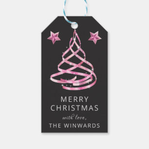 Elegant Pink Ribbon & Glitter Christmas Tree Gift Tags