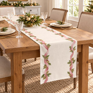 Elegant Pink Ribbon Holly Christmas Table Runner