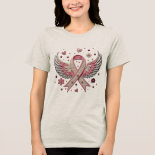 Elegant Pink Ribbon with Angel Wings Embroidery Tri-Blend Shirt