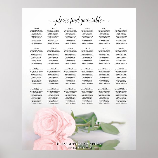 Elegant Pink Rose 24 Table Wedding Seating Chart (Front)