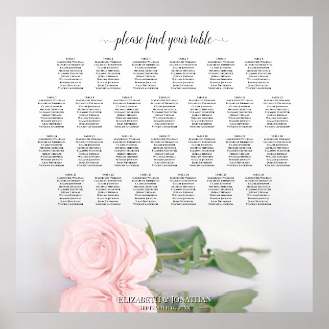 Elegant Pink Rose 26 Table Wedding Seating Chart (Front)