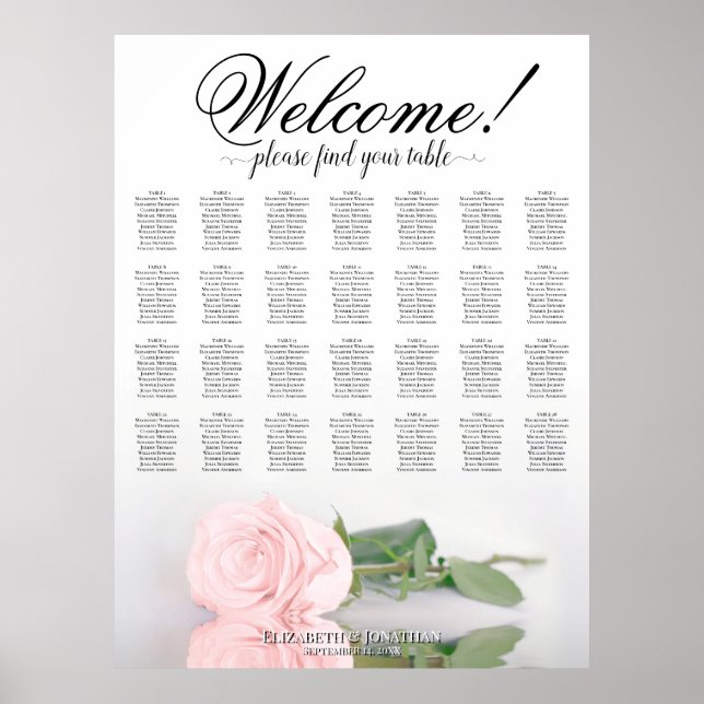 Elegant Pink Rose 28 Table Wedding Seating Chart (Front)