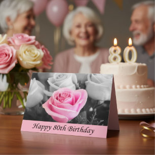 Elegant Pink Rose 80th Birthday, Floral Milestone Card