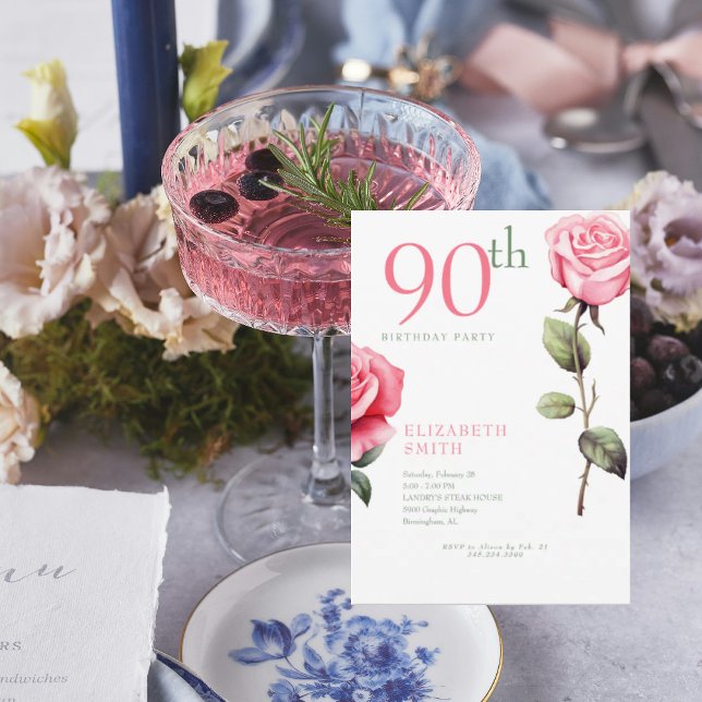 Elegant Pink Rose 90th Birthday Party III Invitation (Creator Uploaded)