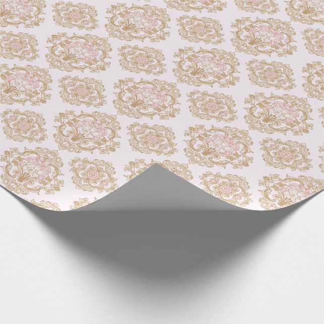 Elegant Pink Rose and Gold Baroque Frame Wrapping Paper (Corner)