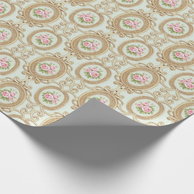 Elegant Pink Rose and Gold Baroque Frame Wrapping Paper (Corner)