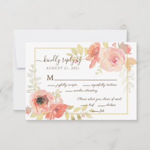 Elegant Pink Rose and Gold Frame Floral Wedding RSVP Card