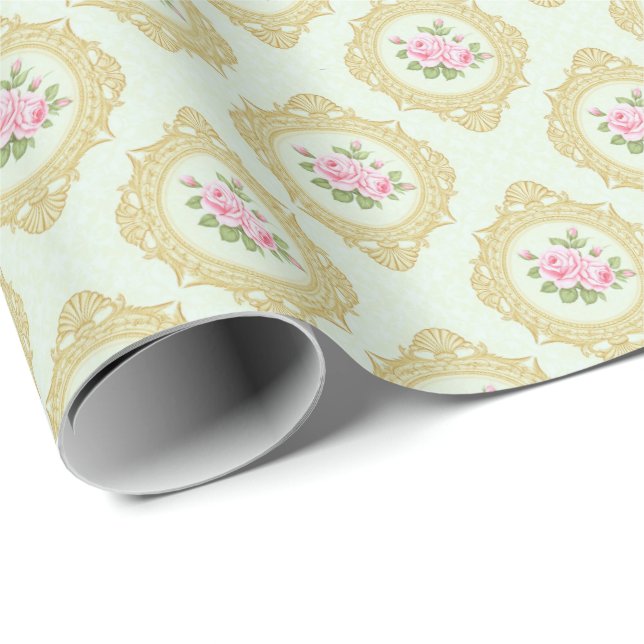 Elegant Pink Rose and Gold Frame  Wrapping Paper (Roll Corner)