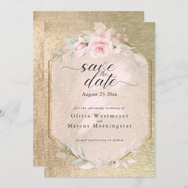 Elegant Pink Rose and Gold Save the Date  Invitation (Front/Back)