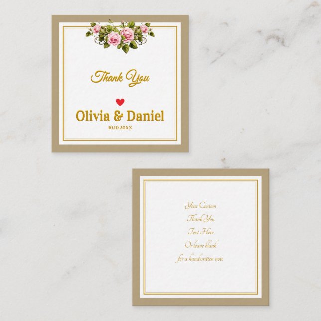 Elegant Pink Rose and Gold Script Thank You Card (Front/Back)